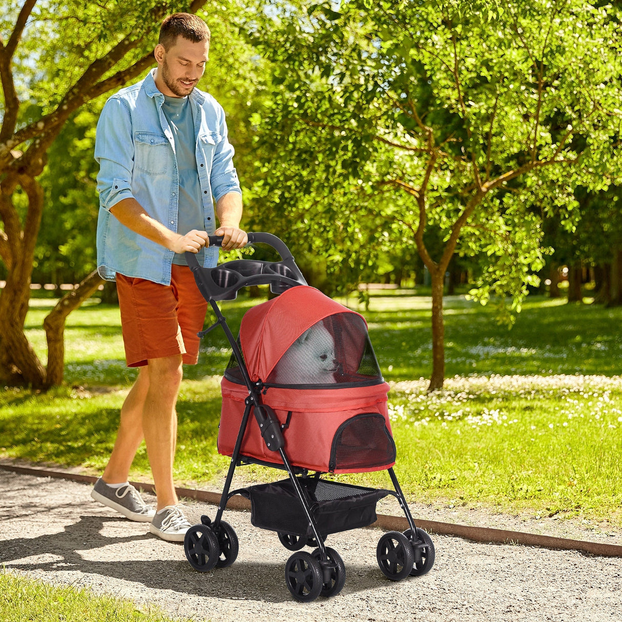 Compact Pet Stroller: Easy-Fold, Airy Mesh & Safety Leash, PawHut, Red