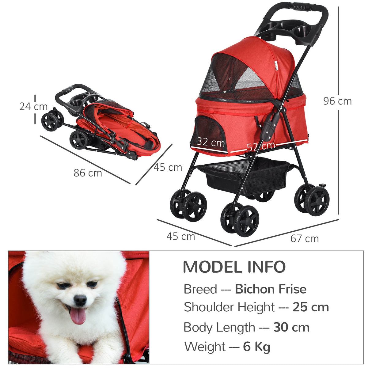 Compact Pet Stroller: Easy-Fold, Airy Mesh & Safety Leash, PawHut, Red