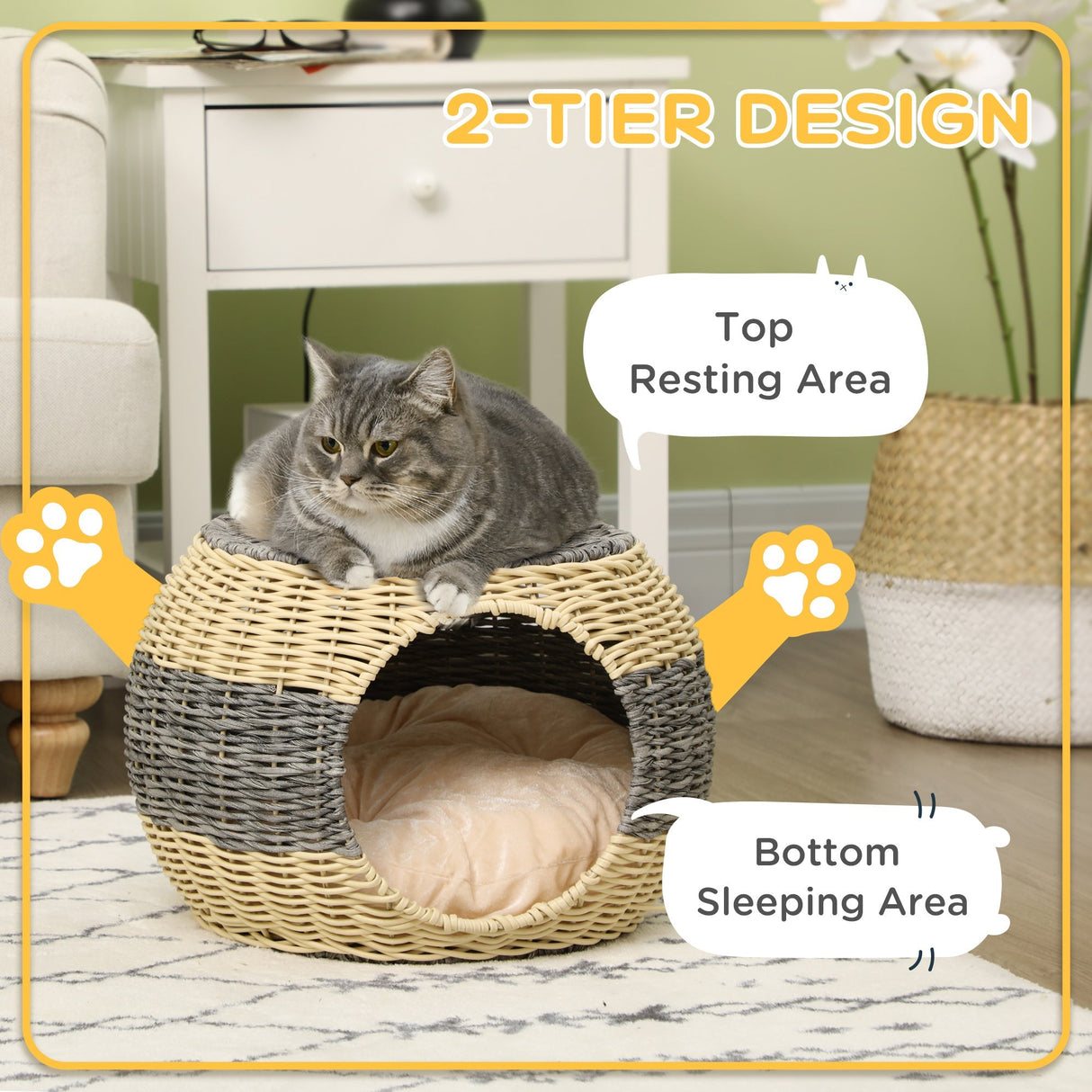 Cosy Rattan Cat Cave: Stylish Raised Bed with Cushion, PawHut,