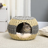 Cosy Rattan Cat Cave: Stylish Raised Bed with Cushion, PawHut,