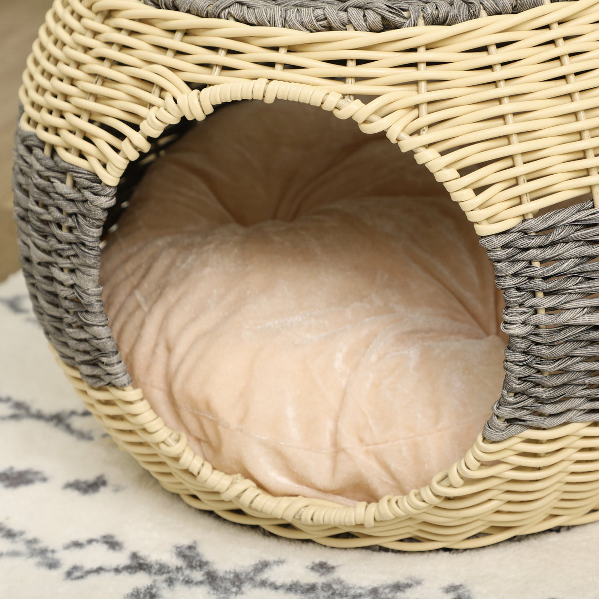 Cosy Rattan Cat Cave: Stylish Raised Bed with Cushion, PawHut,