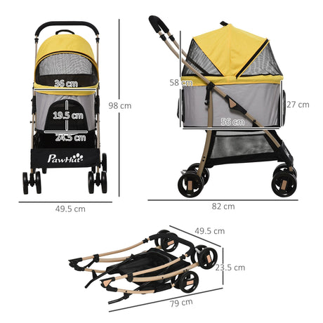 Detachable 3-in-1 Pet Stroller, Foldable, Carrying Bag, Brake, Canopy, Basket Storage, PawHut, Black