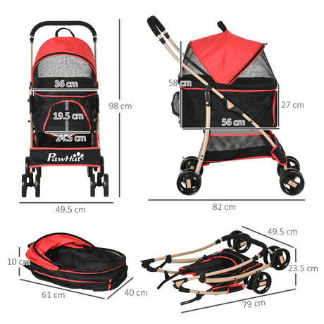 Detachable 3-in-1 Pet Stroller, Foldable, Carrying Bag, Brake, Canopy, Basket Storage, PawHut, Black