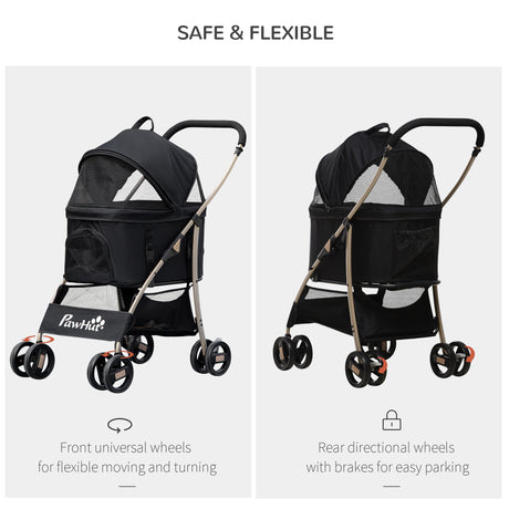 Detachable 3-in-1 Pet Stroller, Foldable, Carrying Bag, Brake, Canopy, Basket Storage, PawHut, Black