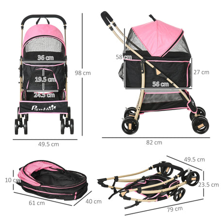 Detachable 3-in-1 Pet Stroller, Foldable, Carrying Bag, Brake, Canopy, Basket Storage, PawHut, Black