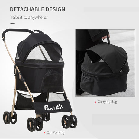 Detachable 3-in-1 Pet Stroller, Foldable, Carrying Bag, Brake, Canopy, Basket Storage, PawHut, Black