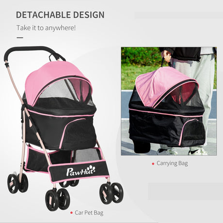 Detachable 3-in-1 Pet Stroller, Foldable, Carrying Bag, Brake, Canopy, Basket Storage, PawHut, Black