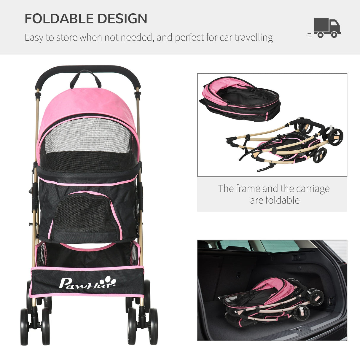 Detachable 3-in-1 Pet Stroller, Foldable, Carrying Bag, Brake, Canopy, Basket Storage, PawHut, Black