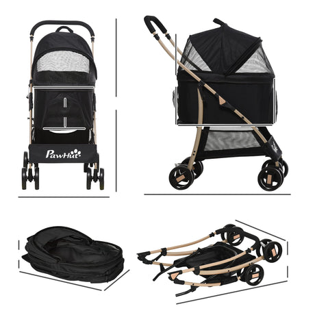 Detachable 3-in-1 Pet Stroller, Foldable, Carrying Bag, Brake, Canopy, Basket Storage, PawHut, Black