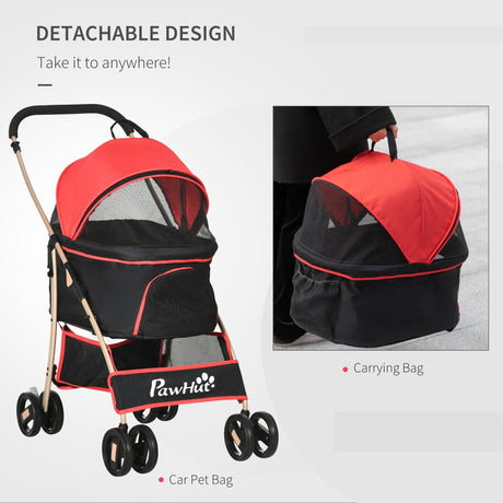 Detachable 3-in-1 Pet Stroller, Foldable, Carrying Bag, Brake, Canopy, Basket Storage, PawHut, Black