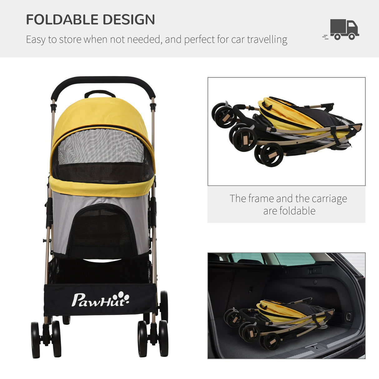 Detachable 3-in-1 Pet Stroller, Foldable, Carrying Bag, Brake, Canopy, Basket Storage, PawHut, Black