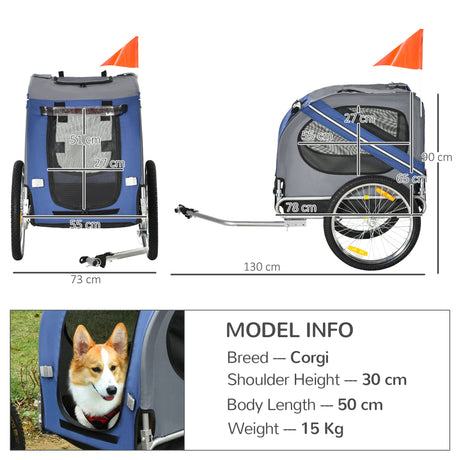 Dog Bike Trailer Folding Pet Trailer Dog Carrier Bicycle Steel Frame Jogger Stroller with Suspension, PawHut, Blue