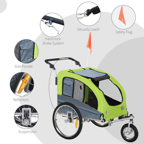 Dog Bike Trailer Steel Pet Cart Carrier for Bicycle 360° Rotatable with Reflectors 3 Wheels Push/ Pull/ Brake Water Resistant Light Green, PawHut,