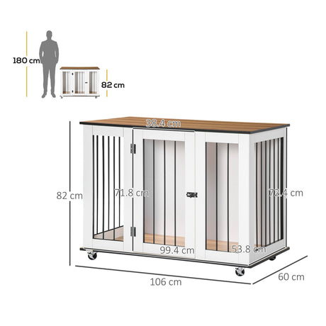 Dog Crate End Table with Wheels - White, for Medium Dogs, PawHut,