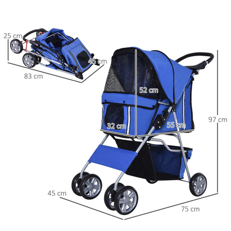 Dog Pushchair for Small Miniature Dogs Cats Foldable Travel Carriage with Wheels Zipper Entry Cup Holder Storage Basket, PawHut, Blue