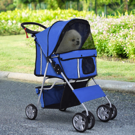 Dog Pushchair for Small Miniature Dogs Cats Foldable Travel Carriage with Wheels Zipper Entry Cup Holder Storage Basket, PawHut, Blue