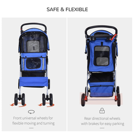 Dog Pushchair for Small Miniature Dogs Cats Foldable Travel Carriage with Wheels Zipper Entry Cup Holder Storage Basket, PawHut, Blue