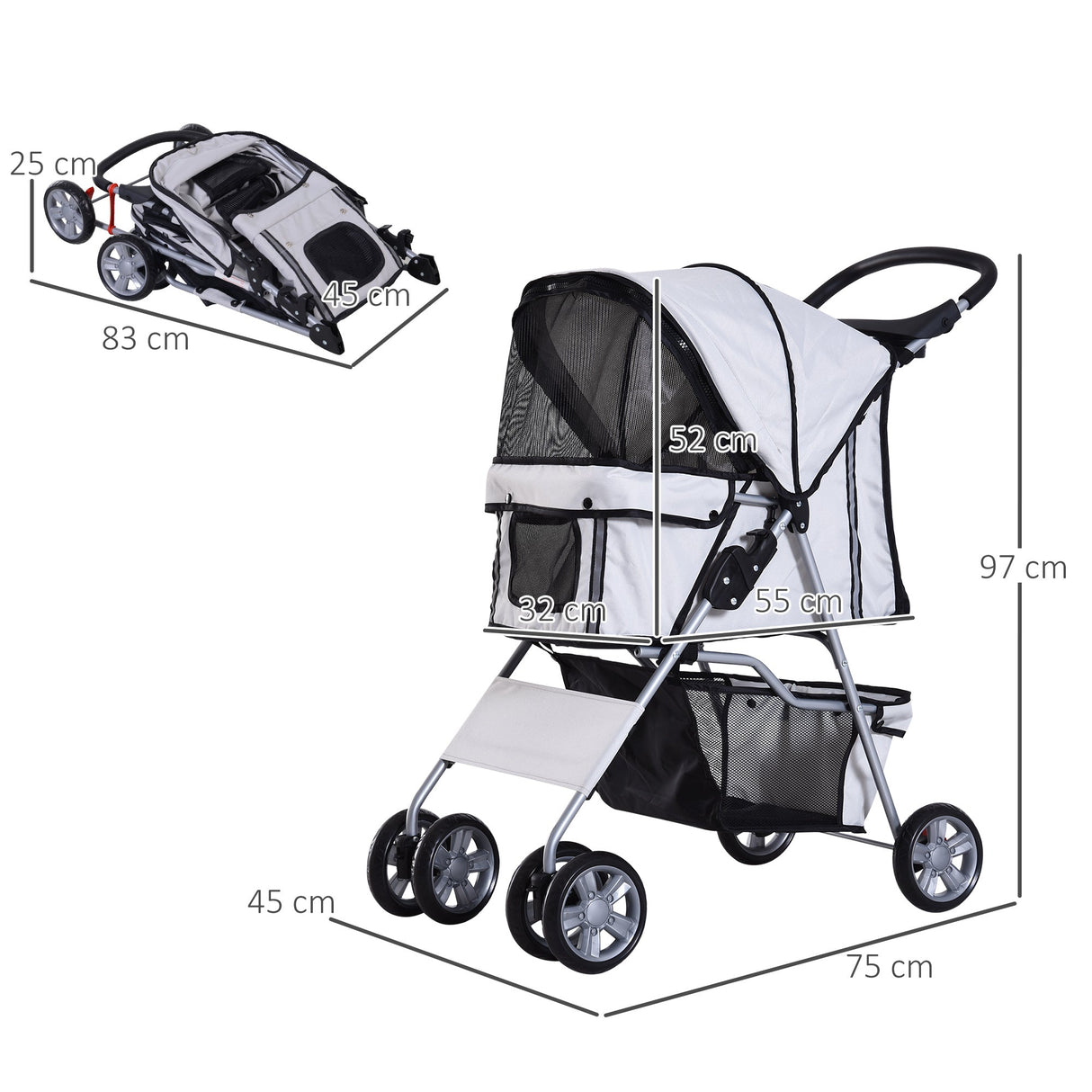 Dog Pushchair for Small Miniature Dogs Cats Foldable Travel Carriage with Wheels Zipper Entry Cup Holder Storage Basket, PawHut, Grey