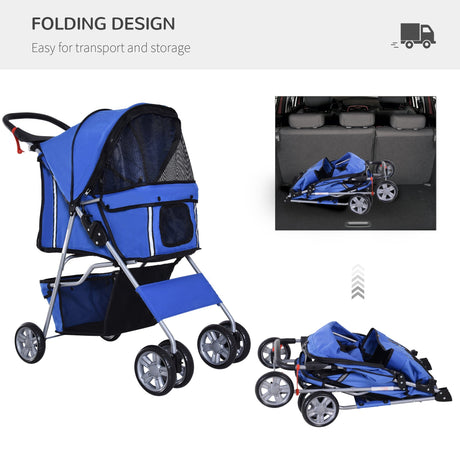 Dog Pushchair for Small Miniature Dogs Cats Foldable Travel Carriage with Wheels Zipper Entry Cup Holder Storage Basket, PawHut, Blue