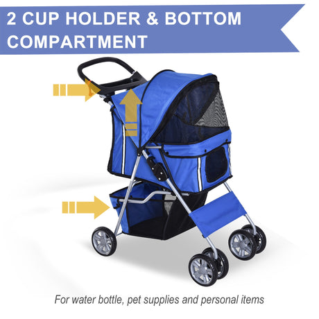 Dog Pushchair for Small Miniature Dogs Cats Foldable Travel Carriage with Wheels Zipper Entry Cup Holder Storage Basket, PawHut, Blue