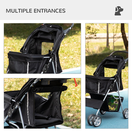 Dog Pushchair for Small Miniature Dogs Cats Foldable Travel Carriage with Wheels Zipper Entry Cup Holder Storage Basket, PawHut, Black