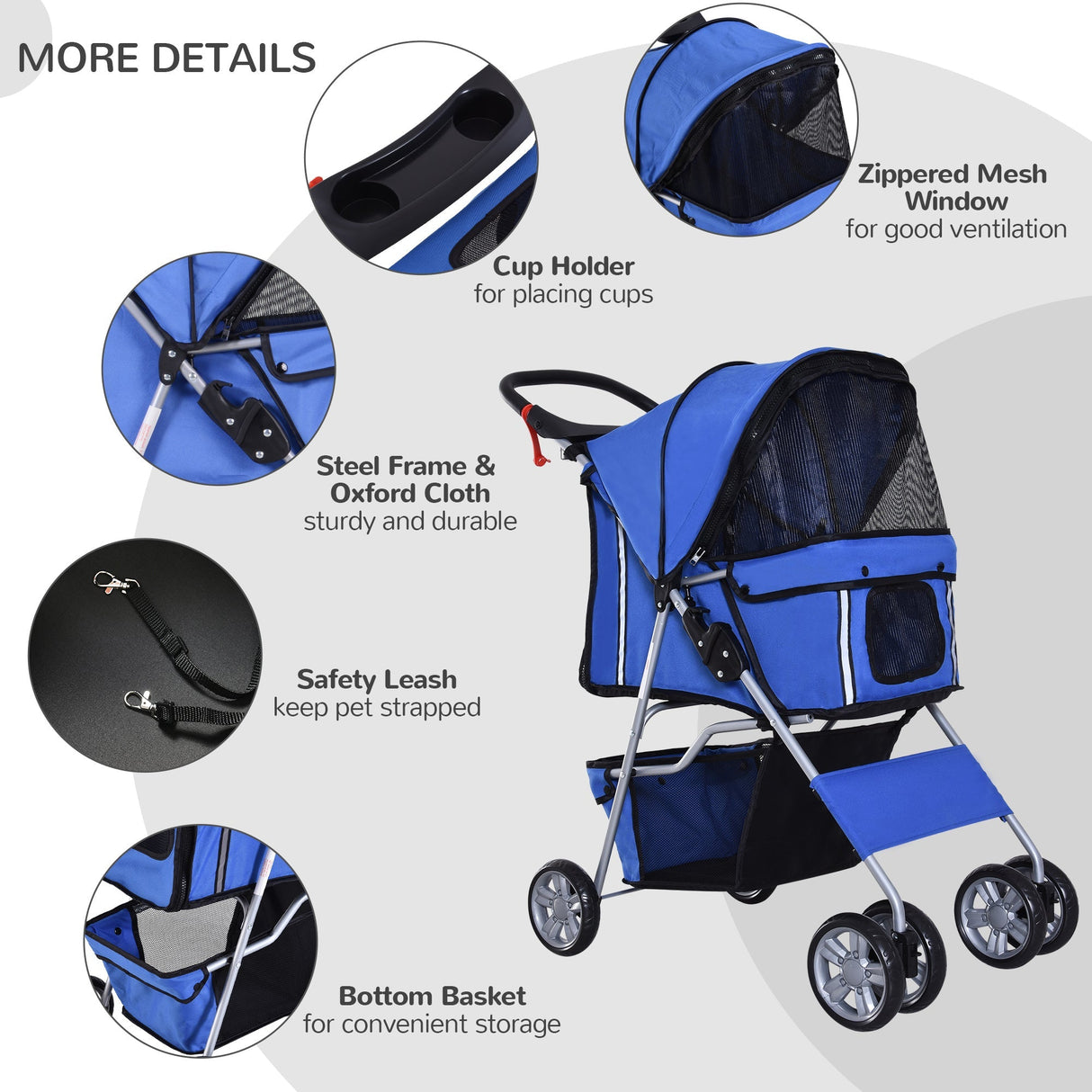 Dog Pushchair for Small Miniature Dogs Cats Foldable Travel Carriage with Wheels Zipper Entry Cup Holder Storage Basket, PawHut, Blue