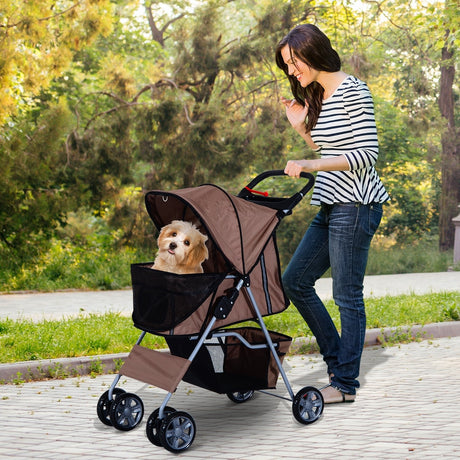 Dog Pushchair for Small Miniature Dogs Cats Foldable Travel Carriage with Wheels Zipper Entry Cup Holder Storage Basket, PawHut, Brown