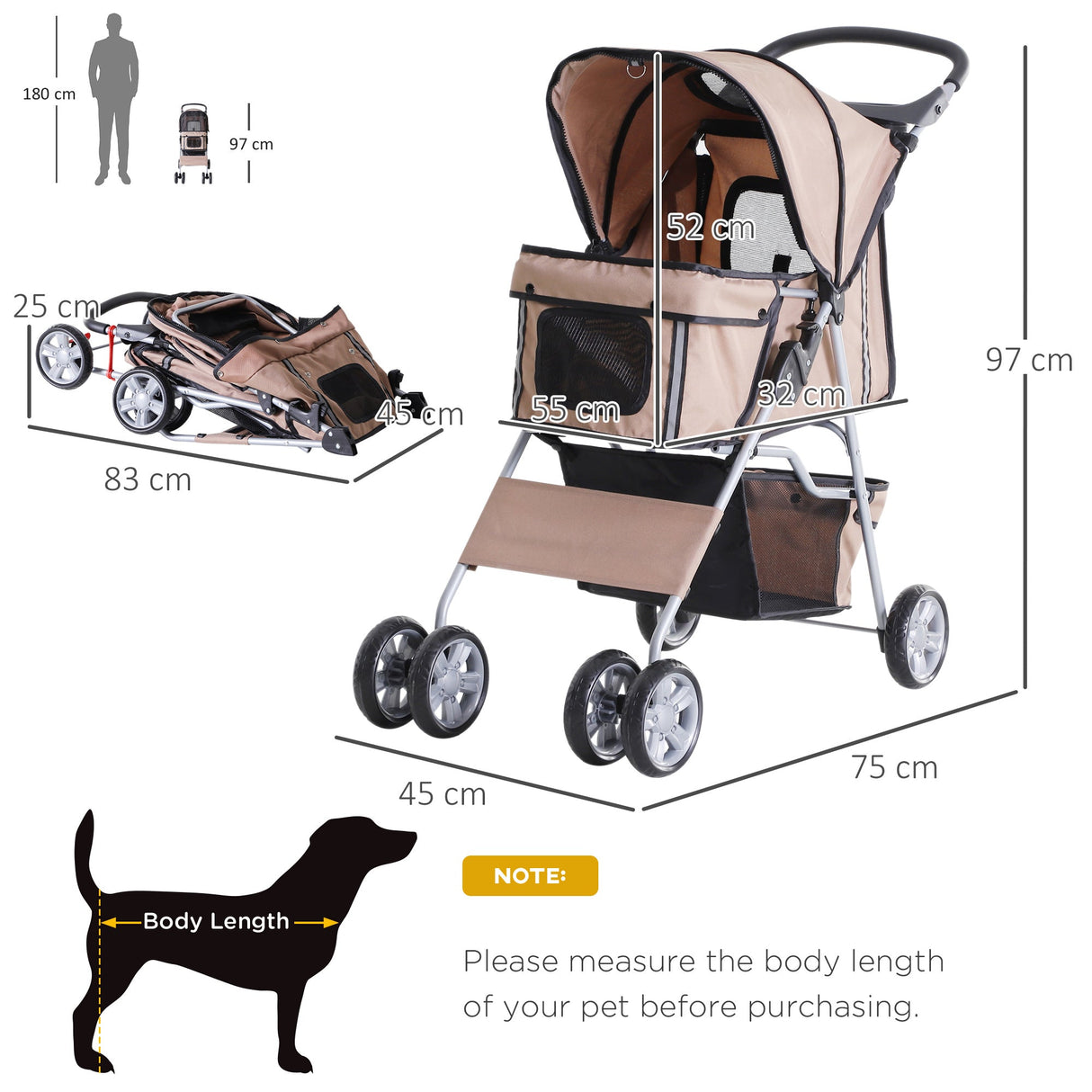 Dog Pushchair for Small Miniature Dogs Cats Foldable Travel Carriage with Wheels Zipper Entry Cup Holder Storage Basket, PawHut, Brown