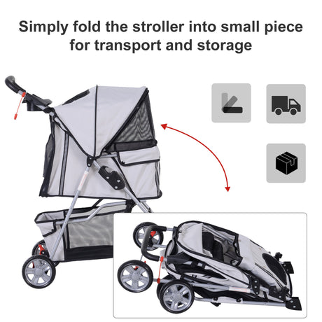 Dog Pushchair for Small Miniature Dogs Cats Foldable Travel Carriage with Wheels Zipper Entry Cup Holder Storage Basket, PawHut, Grey