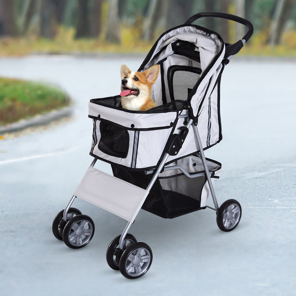 Dog Pushchair for Small Miniature Dogs Cats Foldable Travel Carriage with Wheels Zipper Entry Cup Holder Storage Basket, PawHut, Grey