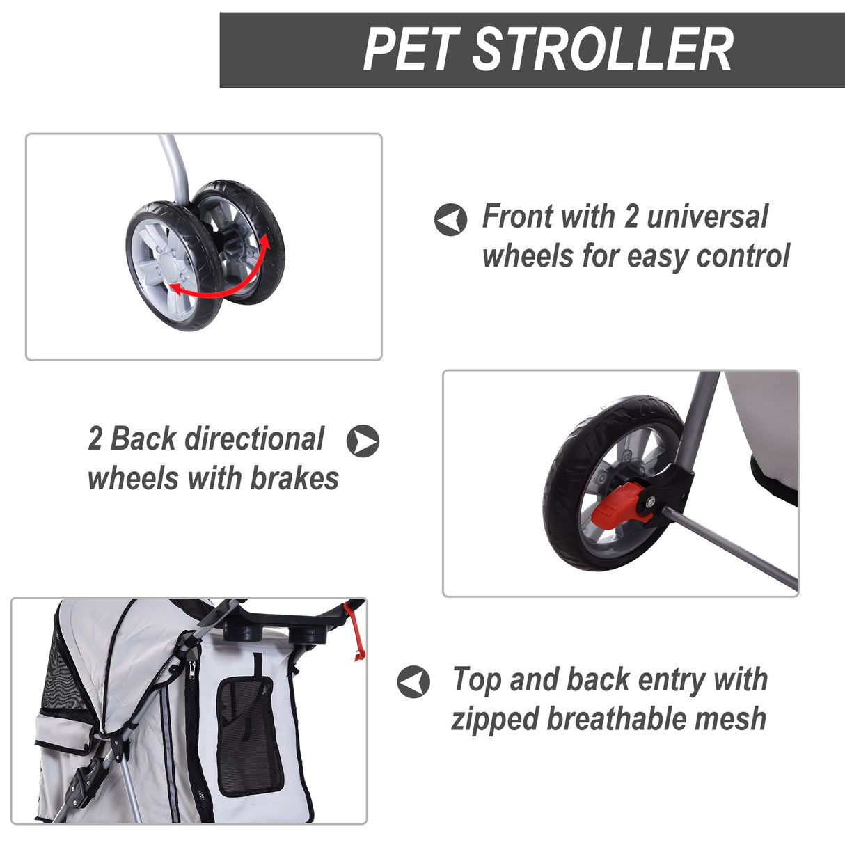 Dog Pushchair for Small Miniature Dogs Cats Foldable Travel Carriage with Wheels Zipper Entry Cup Holder Storage Basket, PawHut, Grey