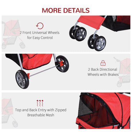 Dog Pushchair for Small Miniature Dogs Cats Foldable Travel Carriage with Wheels Zipper Entry Cup Holder Storage Basket, PawHut, Red