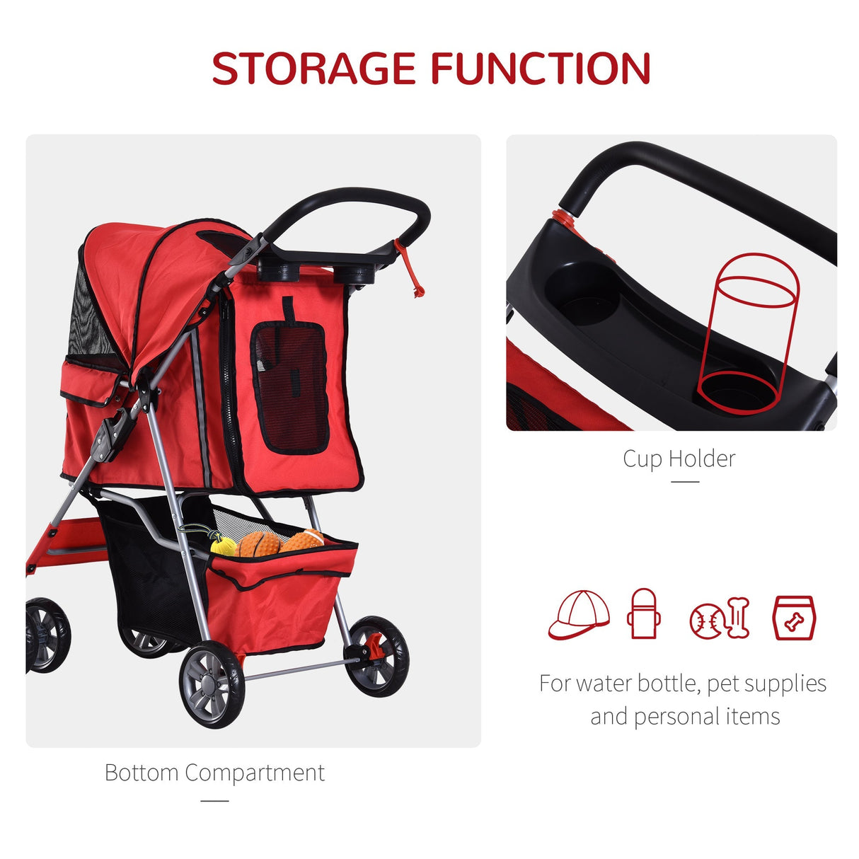Dog Pushchair for Small Miniature Dogs Cats Foldable Travel Carriage with Wheels Zipper Entry Cup Holder Storage Basket, PawHut, Red