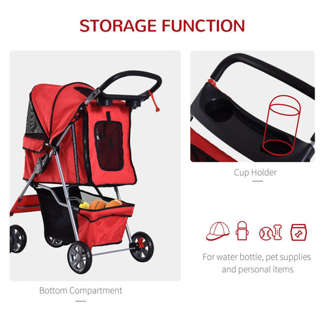 Dog Pushchair for Small Miniature Dogs Cats Foldable Travel Carriage with Wheels Zipper Entry Cup Holder Storage Basket, PawHut, Red