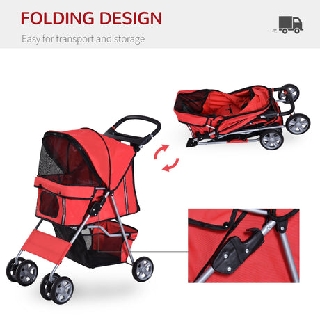 Dog Pushchair for Small Miniature Dogs Cats Foldable Travel Carriage with Wheels Zipper Entry Cup Holder Storage Basket, PawHut, Red