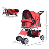 Dog Pushchair for Small Miniature Dogs Cats Foldable Travel Carriage with Wheels Zipper Entry Cup Holder Storage Basket, PawHut, Red