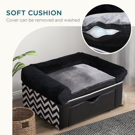 Dog Sofa Bed with Storage Drawer, Elevated Dog Couch for Small Dogs, with Soft Cushion, Removable and Washable Cover, Black, PawHut,