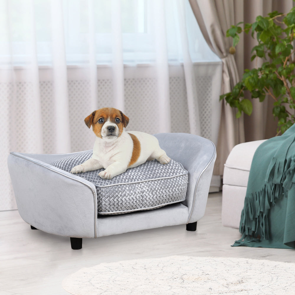 Dog Sofa for XS and S-Size Dogs with Thick Sponge Padded Cushion, Cat Lounge Bed with Washable Cover, Wooden Frame, PawHut,