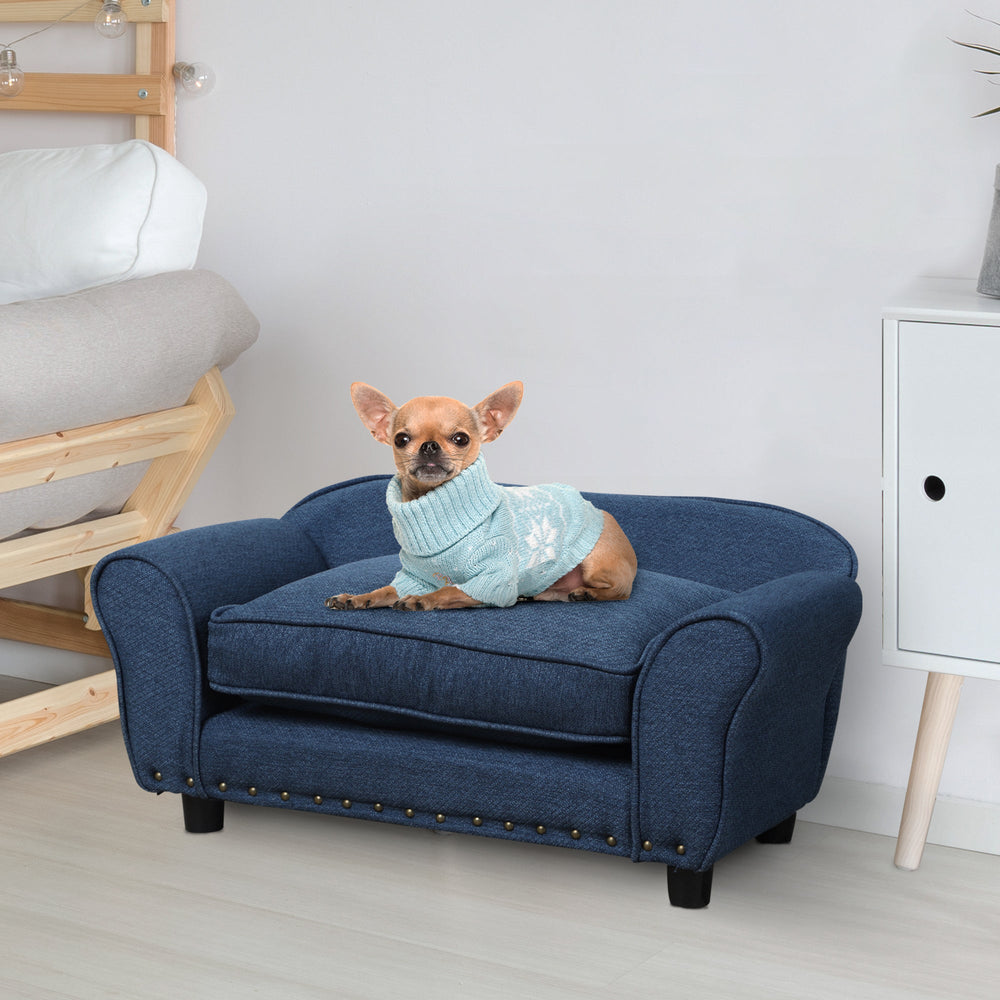 Dog Sofa for XS and S-Size Dogs with Thick Sponge Padded Cushion, Kitten Lounge Bed with Washable Cover, Wooden Frame, PawHut, Blue