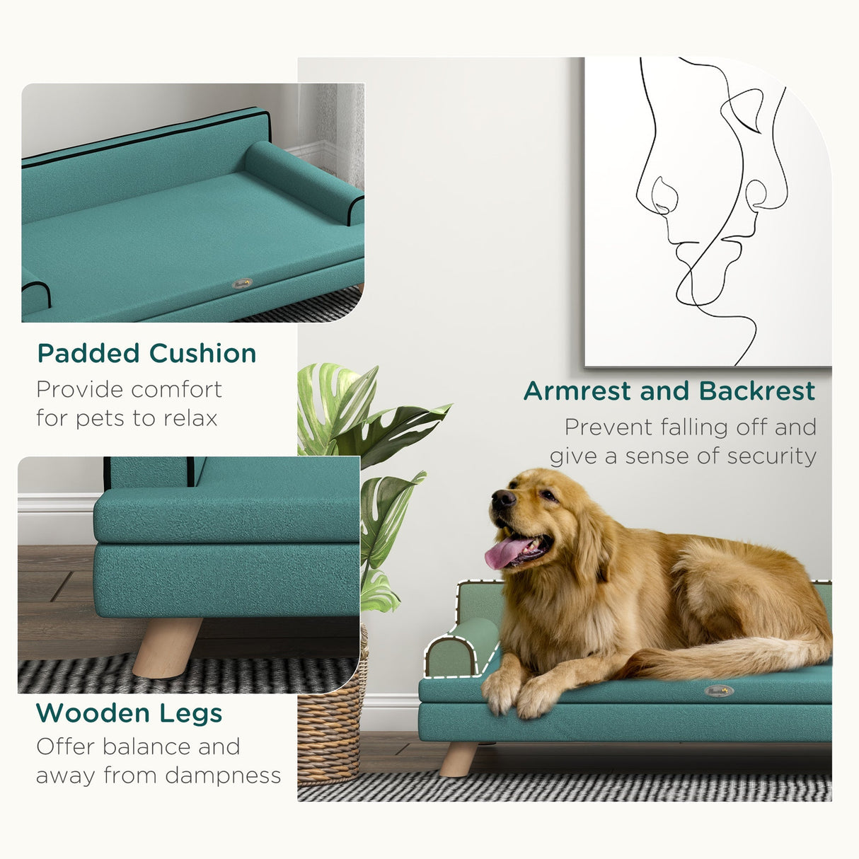 Dog Sofa, with Wooden Legs, Water-Resistant Fabric, for Medium & Large Dogs, PawHut, Green