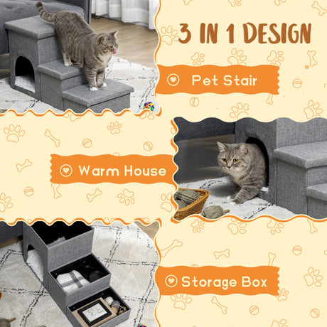 Dog Steps 3-step Pet Stairs with Kitten House and 2 Storage Boxes, 3 in 1 Dog Ramp for Sofa with Washable Plush Cushion, PawHut,