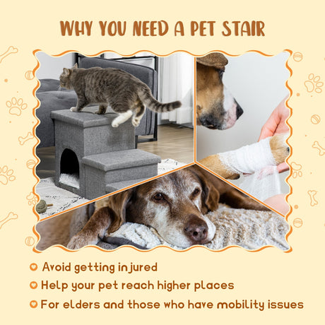 Dog Steps 3-step Pet Stairs with Kitten House and 2 Storage Boxes, 3 in 1 Dog Ramp for Sofa with Washable Plush Cushion, PawHut,