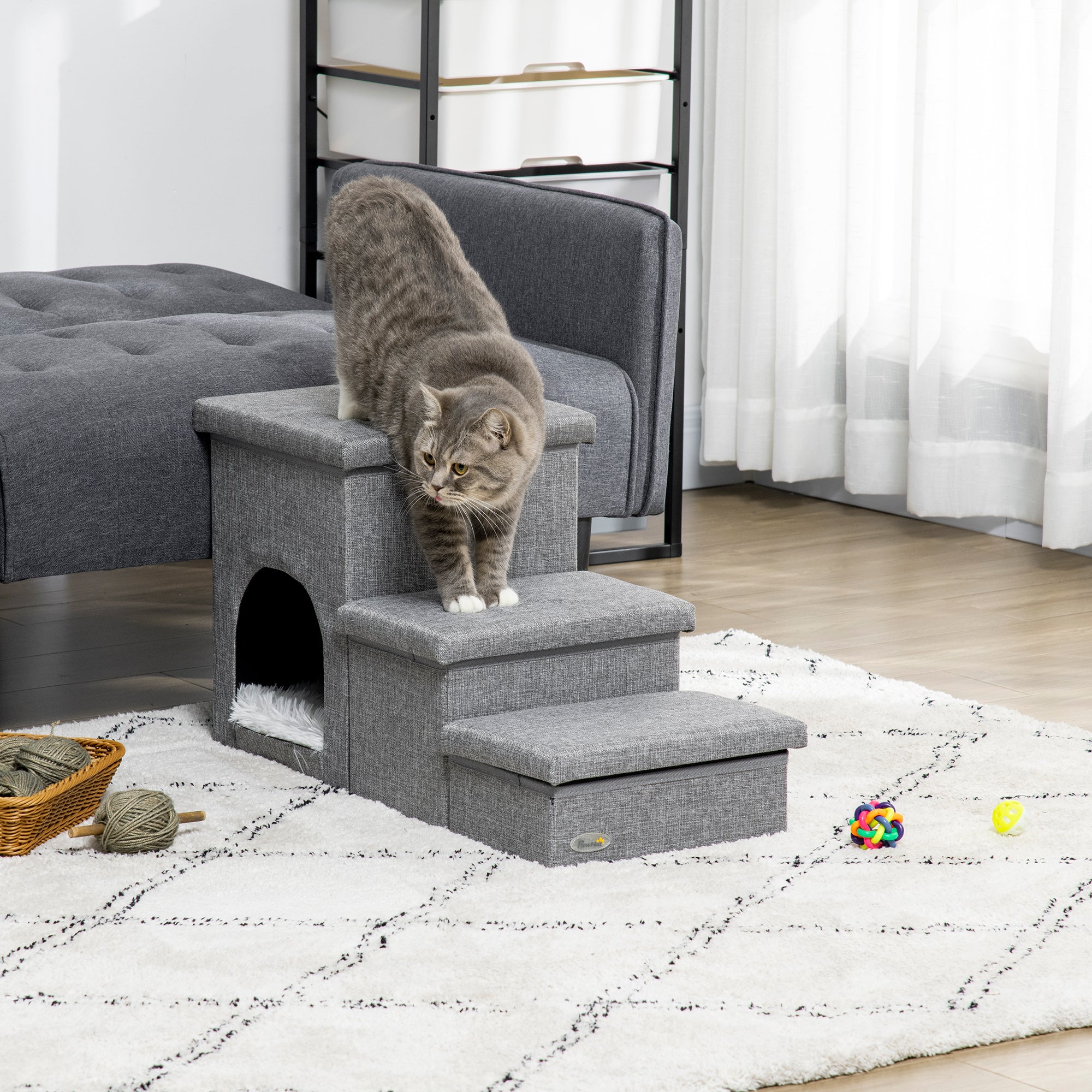 Dog Steps 3-step Pet Stairs with Kitten House and 2 Storage Boxes, 3 in 1 Dog Ramp for Sofa with Washable Plush Cushion, PawHut,