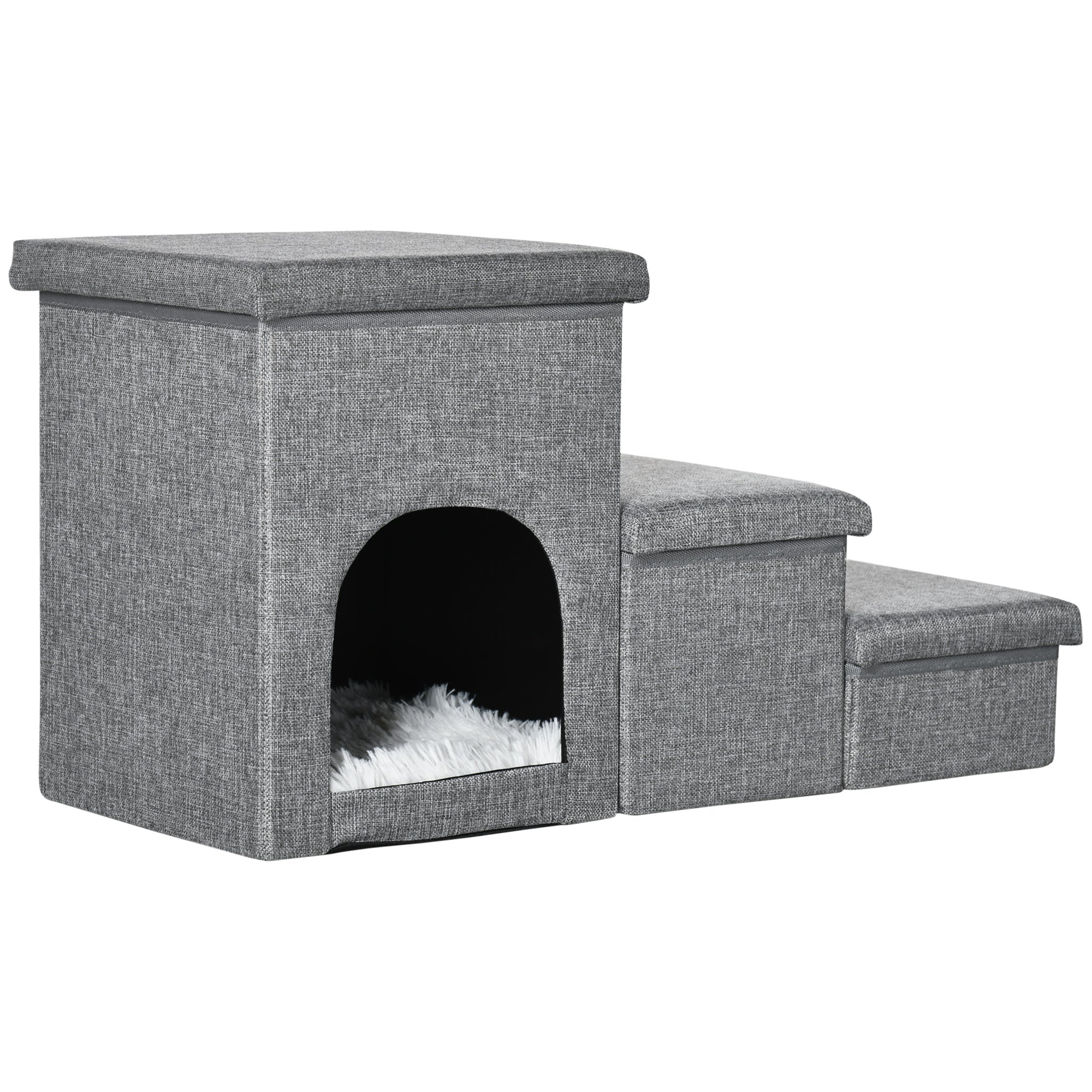 Dog Steps 3-step Pet Stairs with Kitten House and 2 Storage Boxes, 3 in 1 Dog Ramp for Sofa with Washable Plush Cushion, PawHut,