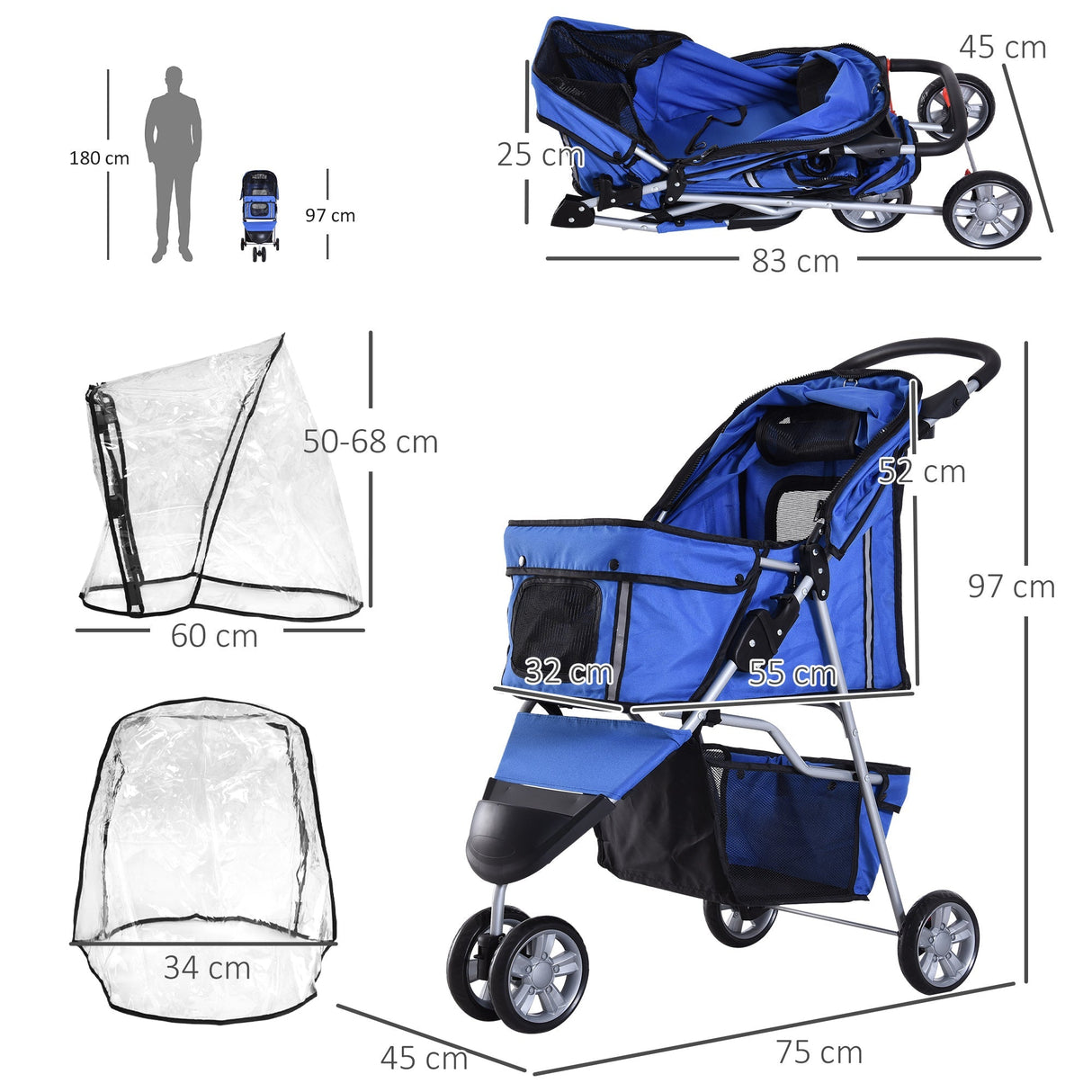 Dog Stroller with Cover for Small Miniature Dogs, Folding Cat Pram Dog Pushchair with Cup Holder, Storage Basket, Reflective Strips, PawHut, Blue