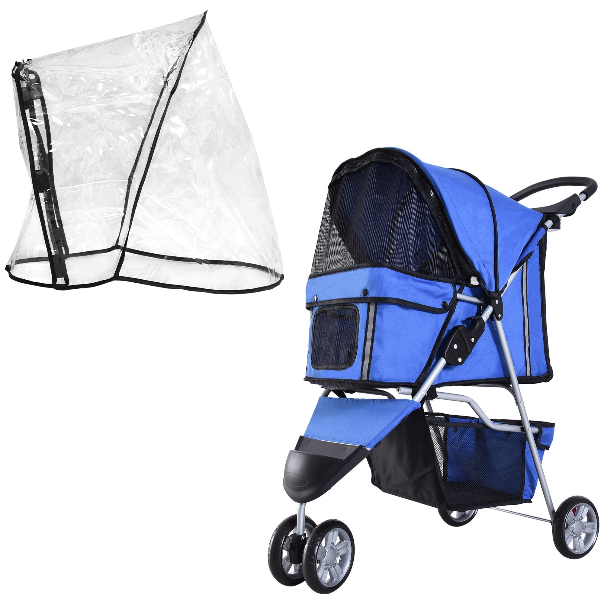 Dog Stroller with Cover for Small Miniature Dogs, Folding Cat Pram Dog Pushchair with Cup Holder, Storage Basket, Reflective Strips, PawHut, Blue