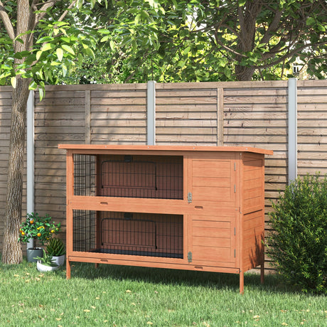 Double Decker Rabbit Hutch 4FT Guinea Pig Cage with No Leak Trays for Outdoor, Orange, PawHut,