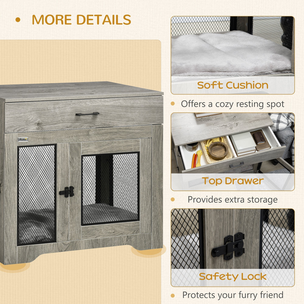 Dual-Door Dog Crate End Table with Drawer, Medium Size - Grey, PawHut,