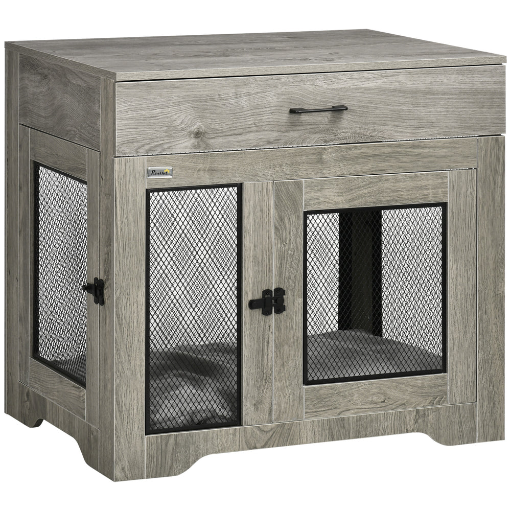 Dual-Door Dog Crate End Table with Drawer, Medium Size - Grey, PawHut,