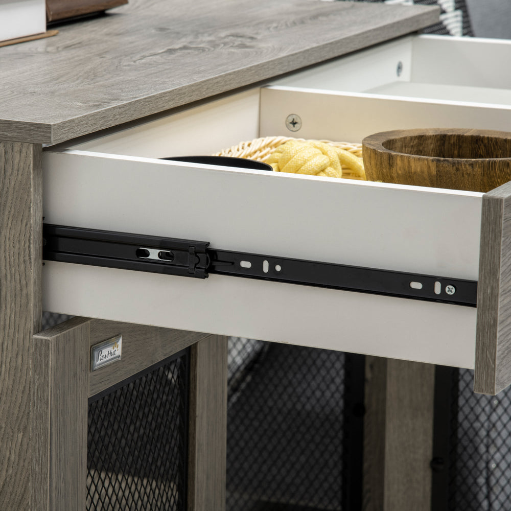 Dual-Door Dog Crate End Table with Drawer, Medium Size - Grey, PawHut,